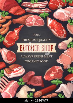 Food pictures set. Illustrations of meat. Poster for butcher shop with organic meat product, sirloin and fresh steak pork vector. Food pictures set. Illustrations of meat. Poster for butcher shop Stock Vector