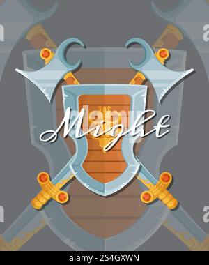 Vector fantasy cartoon style game design medieval crossed shield, axe and sword elements with lettering and shadows. Medieval shield and axe illustration. Vector fantasy cartoon style game design medieval crossed shield, axe and sword elements with lettering and shadows Stock Vector