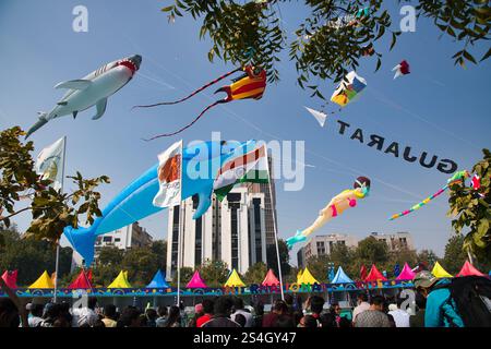 Ahmedabad Kite Festival 2025 at the Sabarmati riverfront, Ahmedabad, Gujarat, India. Kite festival is organized during the 2nd week of January. Stock Photo