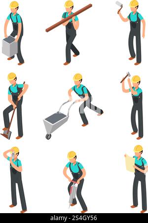 Builder workers, construction professionals isolated 3d people vector set. Worker professional builder, carpenter and workman illustration. Builder workers, construction professionals isolated 3d people vector set Stock Vector