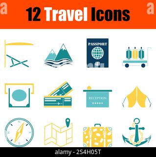 Travel Icon Set. Stencil in Blue and Yellow Tones Design. Vector Illustration. Stock Vector