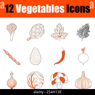 Set of 12 icons on Vegetables theme. Thin Line With Orange Design. Fully editable vector illustration. Text expanded. Stock Vector