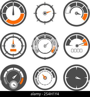 Vector illustrations set of different speedometers. Miles and speed indicators. Speedometer indicator measurement, equipment control speed. Vector illustrations set of different speedometers. Miles and speed indicators Stock Vector