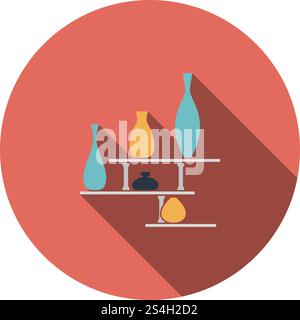Wall Bookshelf Icon. Flat Circle Stencil Design With Long Shadow. Vector Illustration. Stock Vector