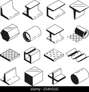 Icons set in monochrome. Metallurgy production. Vector pictures of steel isolate on white. Steel construction production, material metal tube and profile illustration. Icons set in monochrome. Metallurgy production. Vector pictures of steel isolate on white Stock Vector