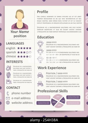 Cute elegance female resume template with infographics elements and line icons. Vector illustration. Female resume template with infographics elements and line icons Stock Vector