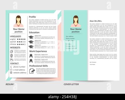 Modern style female resume and cover letter template. Vector illustration. Female resume and cover letter template Stock Vector