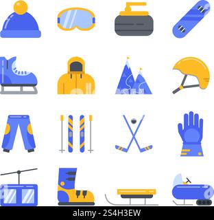 Extreme winter sport. Ski, snowboard and other equipment. Vector icon set in flat style. Curling and hockey, snowmobile and sledge, lift and snowboard illustration. Extreme winter sport. Ski, snowboard and other equipment. Vector icon set in flat style Stock Vector
