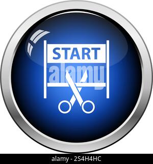Scissors Cutting Tape Between Start Gate Icon. Glossy Button Design. Vector Illustration. Stock Vector
