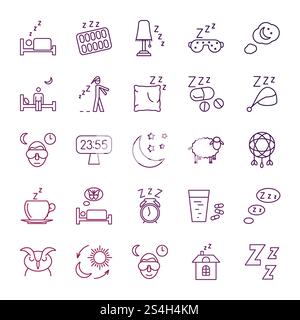 Insomnia problems and sleeping line icons set. Sleep and insomnia, health rest sleepless, vector illustration. Insomnia problems and sleeping line icons set Stock Vector