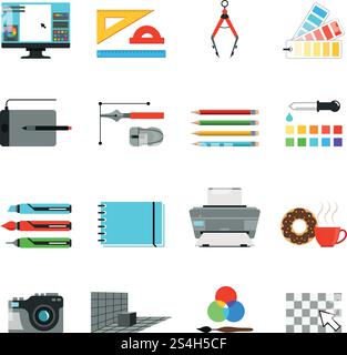 Graphic and computer design. Different tools for artists and graphic designers. Vector icons set in cartoon style. Drawing digital pen, tablet and brush equipment instrument illustration. Graphic and computer design. Different tools for artists and graphic designers. Vector icons set in cartoon style Stock Vector