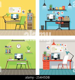 Creative work space for designers and artists with different tools. Vector banners set in cartoon style. Workplace creative designer, desk and workspace professional illustration. Creative work space for designers and artists with different tools. Vector banners set in cartoon style Stock Vector