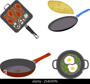 Griddle pan icon set. Flat set of griddle pan vector icons for web design. Griddle pan icon set, flat style Stock Vector