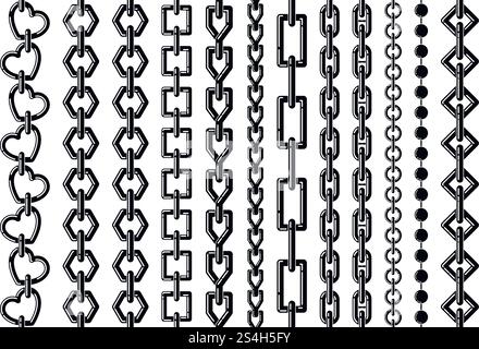Silhouette of different steel chains isolate on white. Vector monochrome seamless set. Collection of chain metal strength, connection and joined endless chain illustration. Silhouette of different steel chains isolate on white. Vector monochrome seamless set Stock Vector