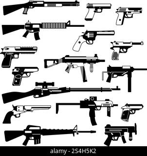 Military set of automatic guns, pistols and other weapons. Monochrome illustrations isolate. Automatic gun and rifle black white style. Military set of automatic guns, pistols and other weapons. Monochrome illustrations isolate Stock Vector