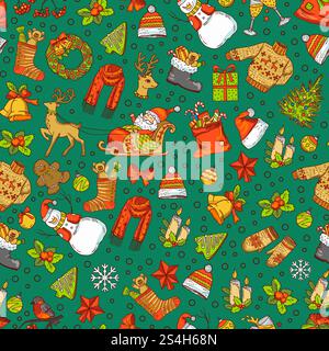 Vector hand drawn colored christmas elements with santa, xmas tree, gifts and bells pattern background illustration. Vector hand drawn colored christmas elements with santa, xmas tree, gifts and bells pattern Stock Vector