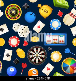 Seamless pattern with gambling and other casino entertainments. Poker, dice vector illustrations. Roulette and bowling, billiards and poker. Seamless pattern with gambling and other casino entertainments. Poker, dice vector illustrations Stock Vector