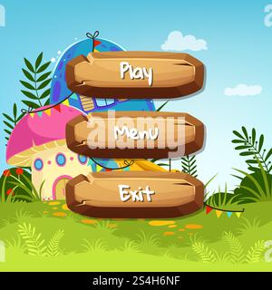 Vector cartoon style wooden buttons with text for game design on fairytale mushroom houses background. Game interface button with house mushroom fairytale illustration. Vector cartoon style wooden buttons with text for game design on fairytale mushroom houses background Stock Vector