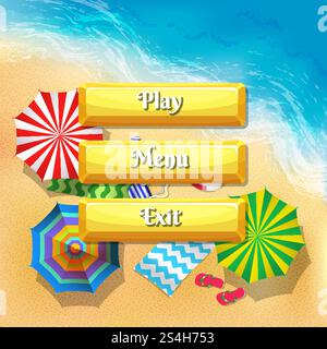 Vector cartoon style buttons with text for game design on beach umbrellas top view background. Set of button play and exit menu design illustration. Vector cartoon style buttons with text for game design on beach umbrellas top view background Stock Vector