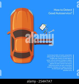 Vector mechanic lying under car with instruments view from above illustration. Mechanic repair car in garage station, under automobile. Vector mechanic lying under car with instruments view from above illustration Stock Vector