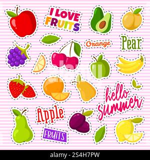Set of cute fruits in the form of a retro patches. Summer fruis patch sticker, vector illustration. Set of cute fruits in the form of a retro patches Stock Vector