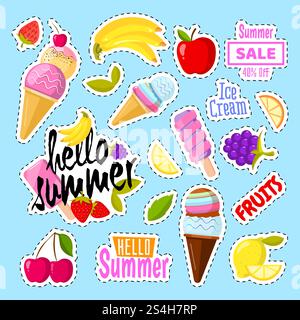 Set of cute ice cream and fruits in the form of a retro patches sticker banana and berry, label of apple and cherry, vector illustration. Set of cute ice cream and fruits in the form of a retro patches Stock Vector