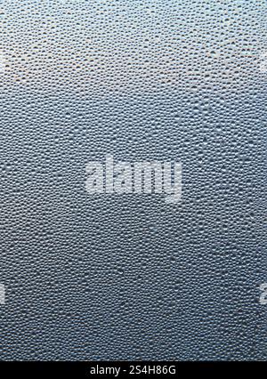 Backdrop, background created of small drops of condensation or rain. Drops on glass in the form of sparkling balls in perfect order. Condensation Stock Photo