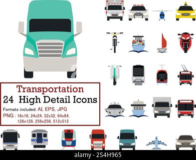 Transportation icon set in front view. Flat color design. Vector illustration. Stock Vector