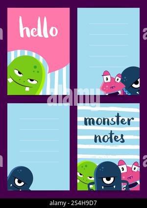 Vector vertical note cards set with cute monsters on brush stripes background. Colored banner illustration. Vector vertical note cards set with cute monsters on brush stripes background Stock Vector