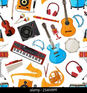 Speakers, amplifier, synthesizer and other music instruments and accessories. Vector seamless pattern with musical instrument, guita and microphone illustration. Speakers, amplifier, synthesizer and other music instruments and accessories. Vector seamless pattern Stock Vector