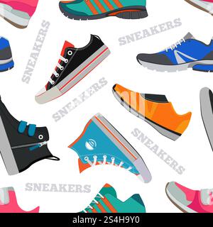 Seamless pattern with sneakers and walking shoes. Vector pictures in flat style. Color footwear shoes illustration background. Seamless pattern with sneakers and walking shoes. Vector pictures in flat style Stock Vector
