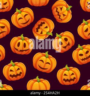 Halloween seamless pattern with different funny emotions of pumpkins.Orange pumpkin to halloween holiday, vector illustration. Halloween seamless pattern with different funny emotions of pumpkins Stock Vector