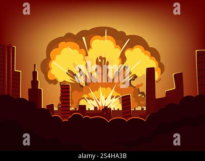 War and damages after big explosion in the city. Monochrome urban landscape with burn sky after atomic bomb. Nuclear radioactive armageddon, vector illustration. War and damages after big explosion in the city. Monochrome urban landscape with burn sky after atomic bomb Stock Vector