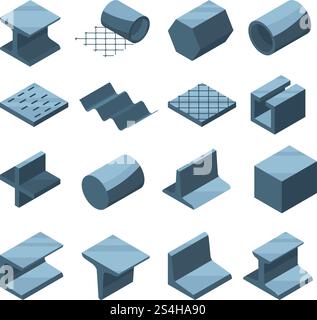 Industrial icons set of metallurgic production. Isometric pictures of steel or iron pipes. Metal pipe and production steel, construction tube and profile. Vector illustration. Industrial icons set of metallurgic production. Isometric pictures of steel or iron pipes Stock Vector