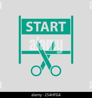 Scissors Cutting Tape Between Start Gate Icon. Green on Gray Background. Vector Illustration. Stock Vector