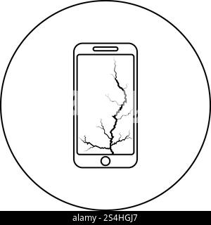 Smartphone with crack on display Broken modern mobile phone Shattered smartphone screen Phone with broken matrix of screen Cell phone with cracked touch screen in bottom Broken glass telephone icon in circle round outline black color vector illustration flat style simple image Stock Vector