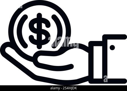 Coin in hand icon. Outline coin in hand vector icon for web design isolated on white background. Coin in hand icon, outline style Stock Vector