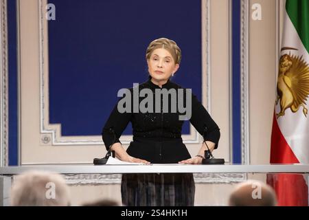 Yulia Tymoshenko, former Prime Minister of Ukraine speaks at the conference and says the fall of the Iranian regime is inevitable, and it will mark a turning point for global peace and stability. In a gathering at the Trans-Atlantic conference held in Auvers-sur-Oise (north of Paris) titled New Policy toward the Iranian Regime. Standing with the Organized Resistance, former world leaders and military officials from Europe and the U.S. convened to discuss and propose a new strategic approach towards Iran. (Photo by Siavosh Hosseini/SOPA Images/Sipa USA) Stock Photo