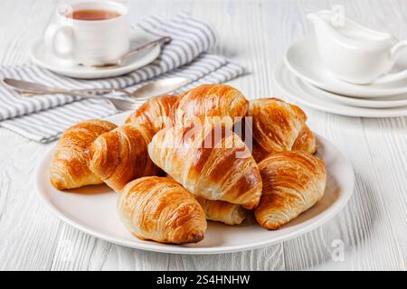 freshly baked in oven crusty and buttery croissants on a plate on white wooden table with cup of tea, plates and cream jug in background, horizontal v Stock Photo