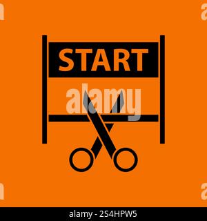 Scissors Cutting Tape Between Start Gate Icon. Black on Orange Background. Vector Illustration. Stock Vector