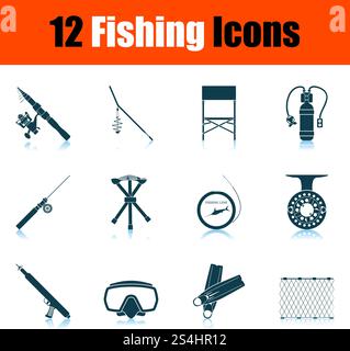 Fishing Icon Set. Shadow Reflection Design. Vector Illustration. Stock Vector