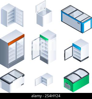 Freezer icon set. Isometric set of freezer vector icons for web design isolated on white background. Freezer icon set, isometric style Stock Vector
