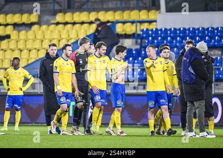 Beveren Waas, Belgium. 12th Jan, 2025. Beveren's goalkeeper Beau Reus, Beveren's Lennart Mertens, Beveren's Sieben Dewaele and Beveren's Christian Bruls look dejected after a soccer match between SK Beveren and RAAL La Louviere, Sunday 12 January 2025 in Beveren-Waas, on day 17 of the 2024-2025 'Challenger Pro League' 1B second division of the Belgian championship. BELGA PHOTO TOM GOYVAERTS Credit: Belga News Agency/Alamy Live News Stock Photo