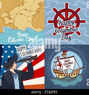 Happy columbus day banner set. Hand drawn set illustration of happy columbus day vector banner for web design. Happy columbus day banner set, hand drawn style Stock Vector