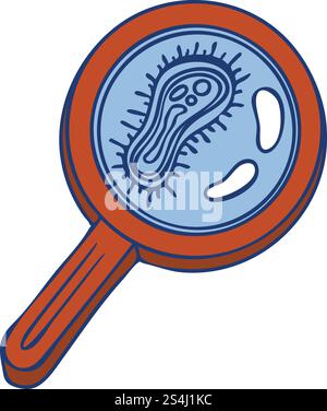 Virus under magnify glass icon. Hand drawn illustration of virus under magnify glass vector icon for web design. Virus under magnify glass icon, hand drawn style Stock Vector