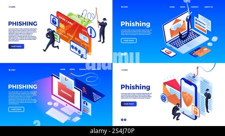 Phishing banner set. Isometric set of phishing vector banner for web design. Phishing banner set, isometric style Stock Vector