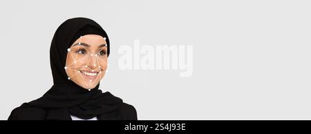 Facial recognition displaying a hijab-wearing woman on a plain background Stock Photo