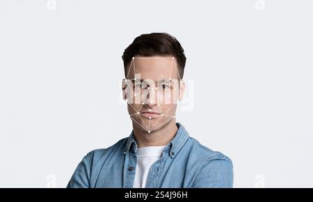 Facial recognition technology demonstrating identification process on a model Stock Photo