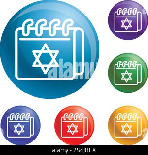 Jewish calendar icons set vector 6 color isolated on white background. Jewish calendar icons set vector Stock Vector