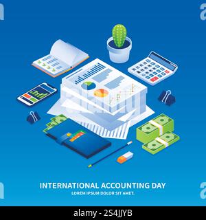 International accounting day concept background. Isometric illustration of international accounting day vector concept background for web design. International accounting day concept background, isometric style Stock Vector